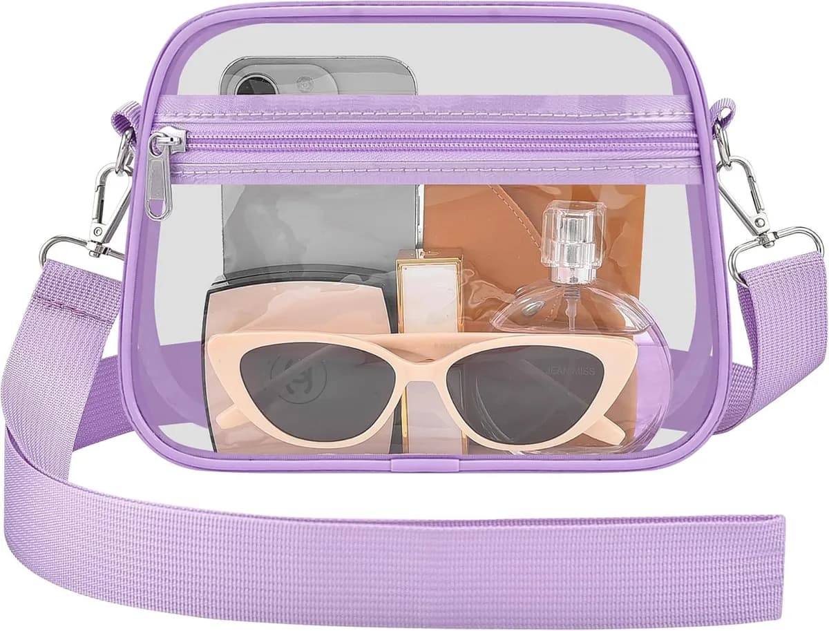 clear crossbody bag with light purple trim
