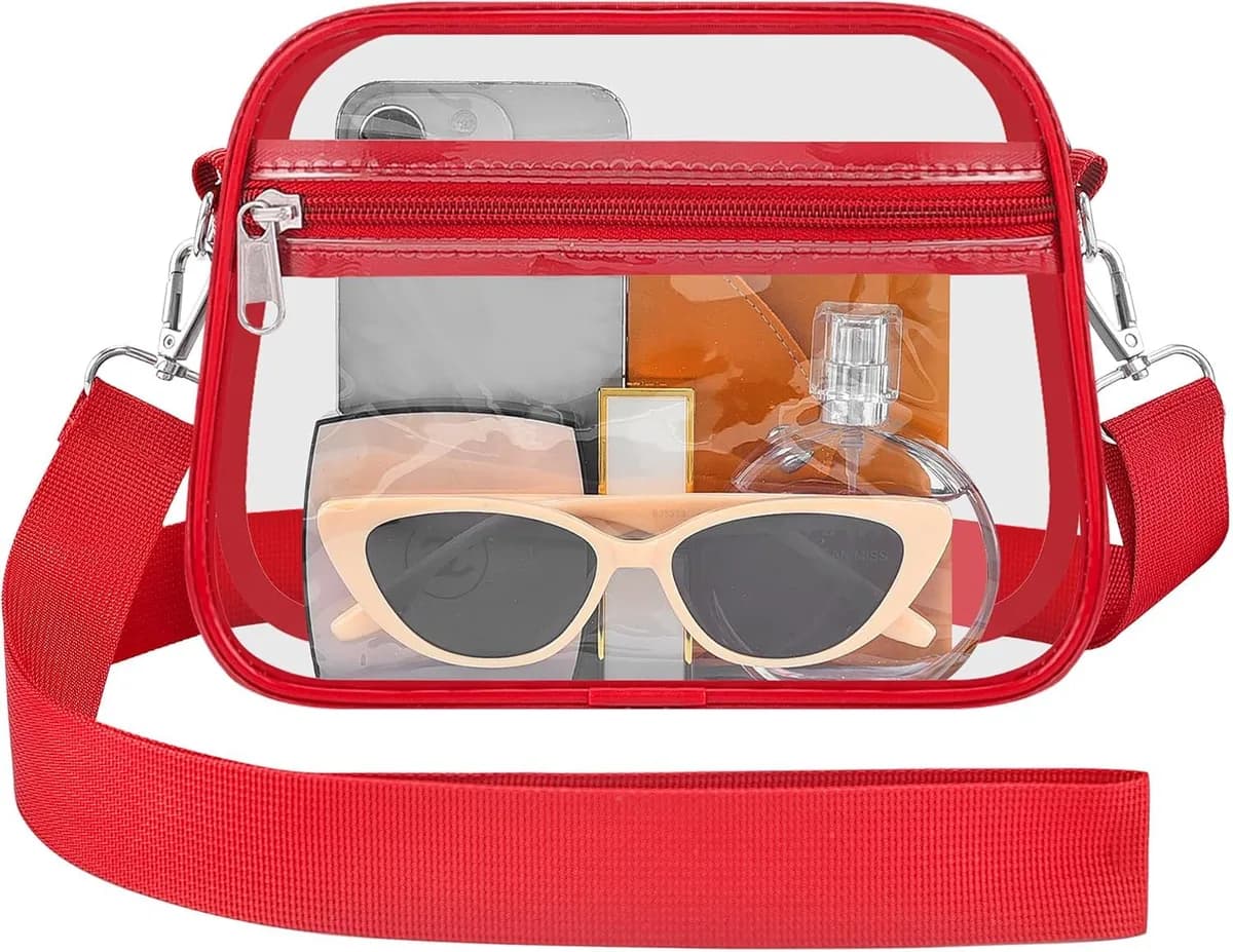 clear crossbody bag with red trim
