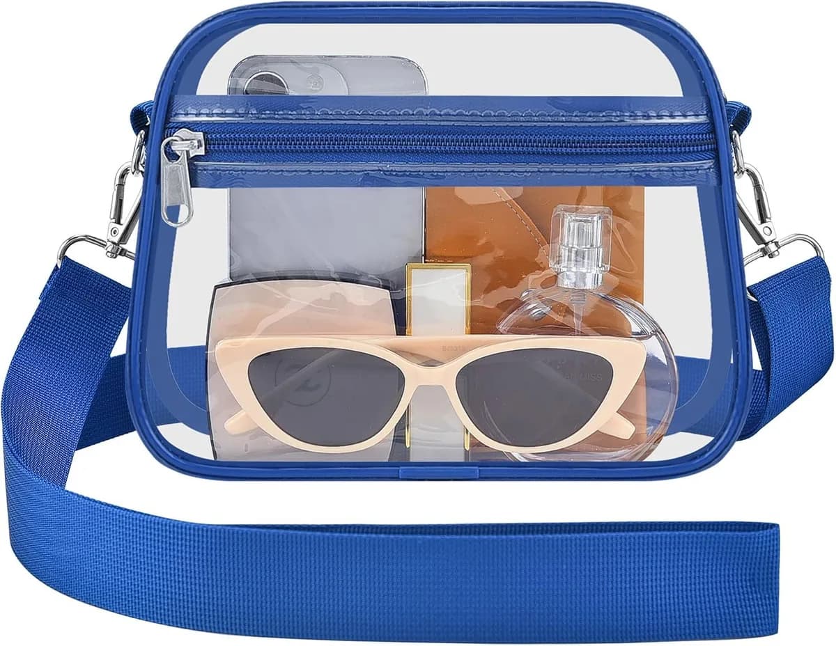 clear crossbody bag with royal blue trim