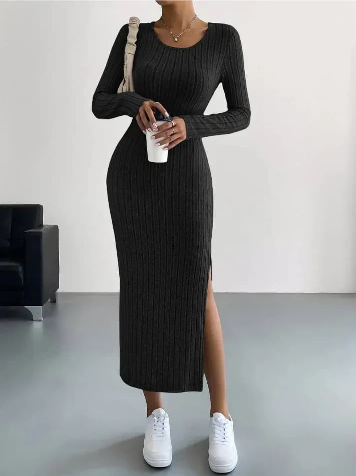 black ribbed knit bodycon midi dress with side slit