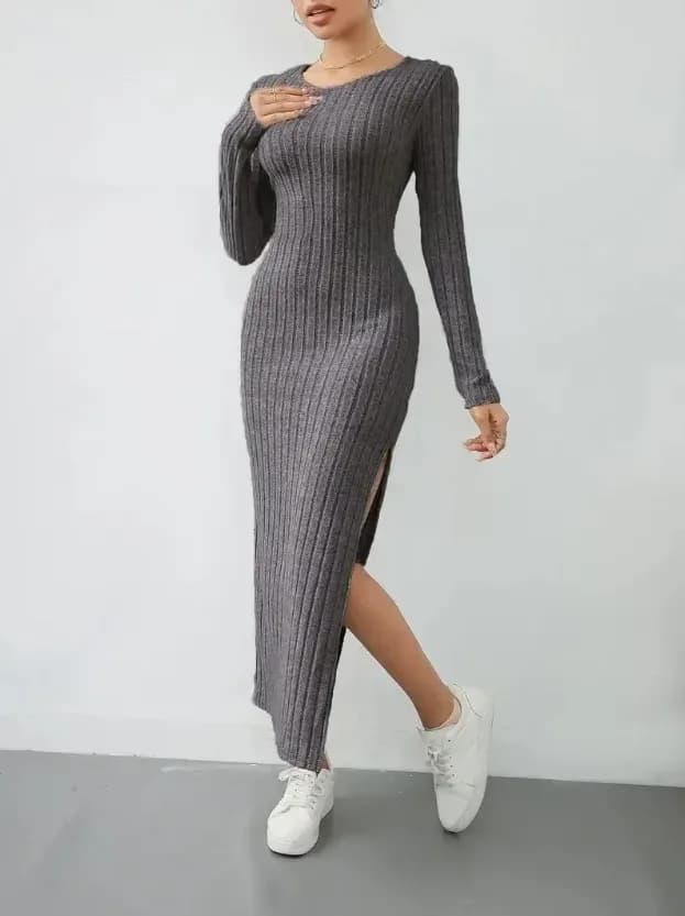 dark grey ribbed knit bodycon midi dress with side slit