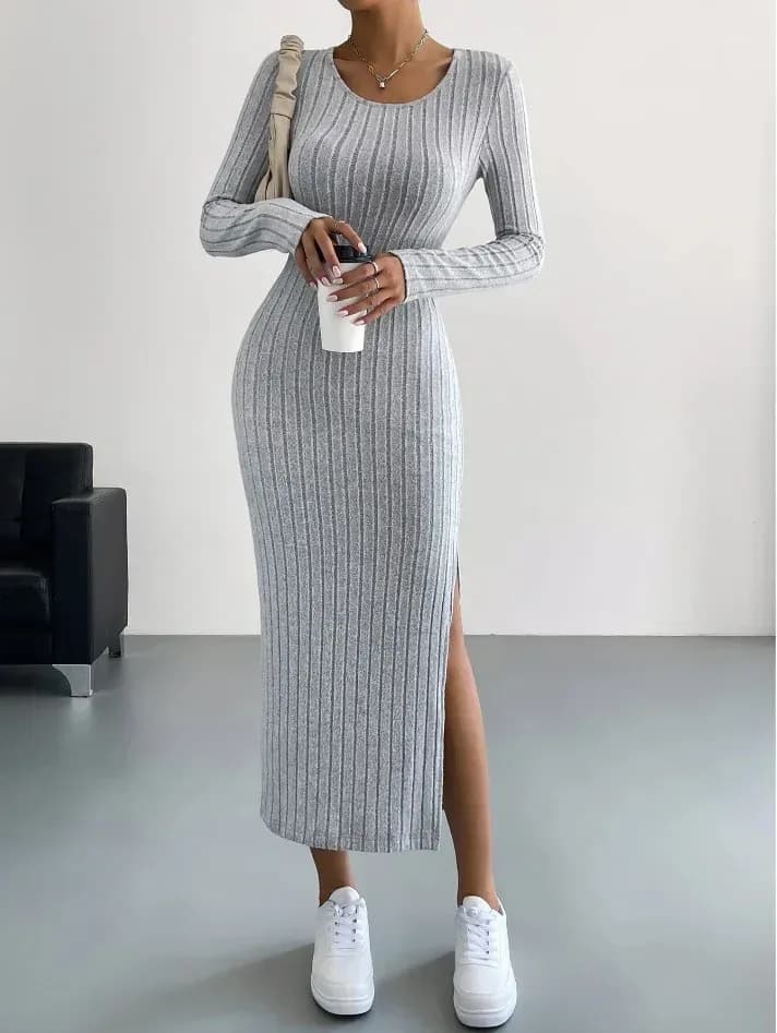 light grey ribbed knit bodycon midi dress with long sleeves