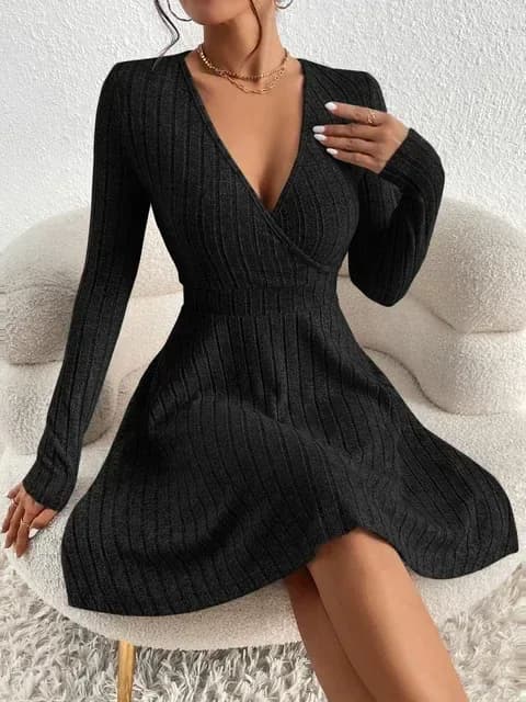 black wrap V neck ribbed sweater dress
