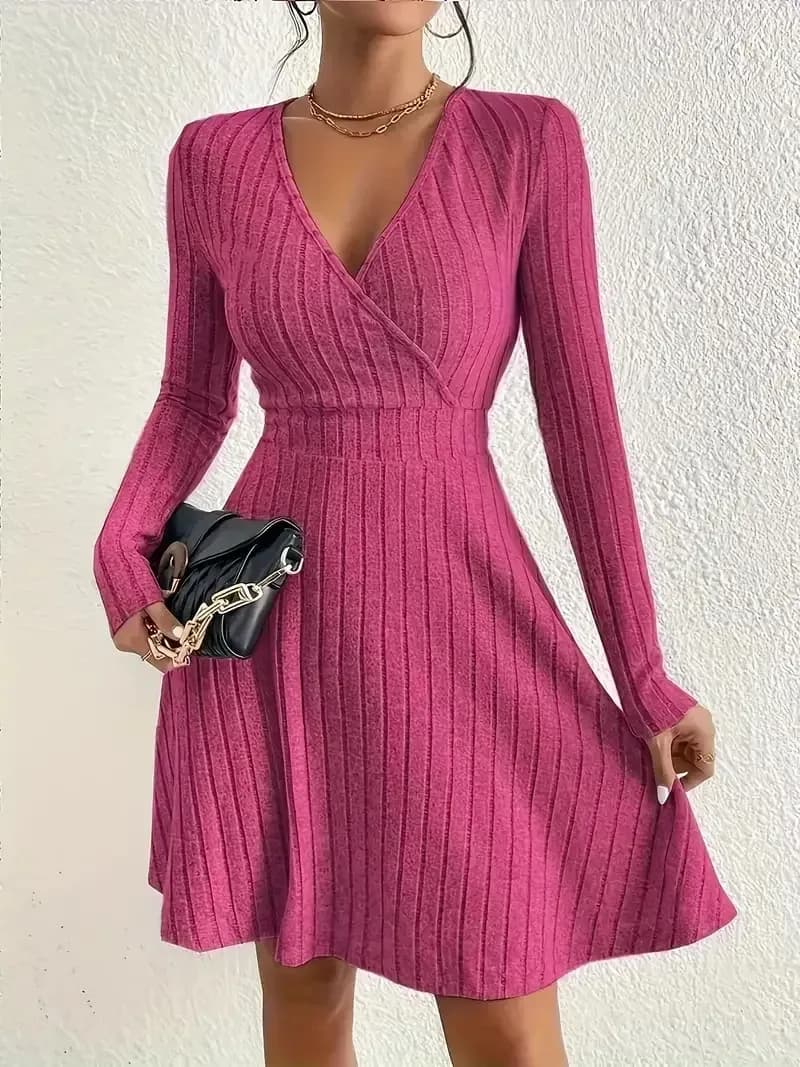 fuchsia wrap V neck ribbed sweater dress
