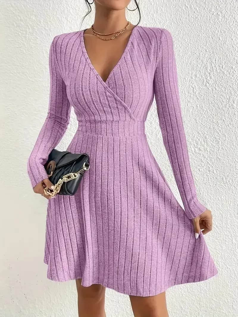 purple wrap V neck ribbed sweater dress