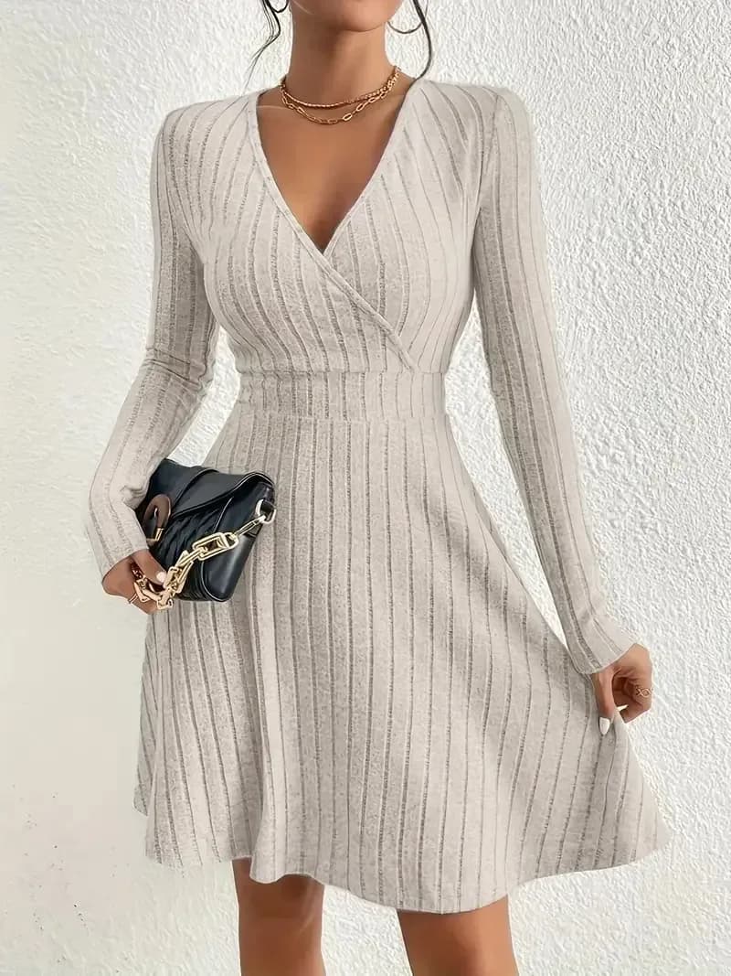white wrap V neck ribbed sweater dress