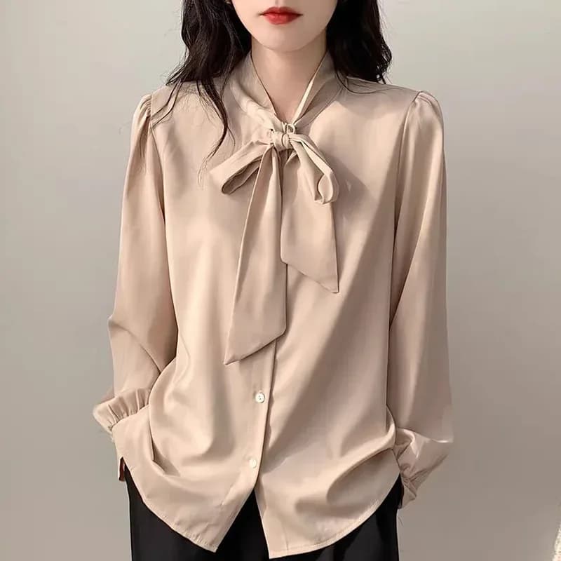 khaki satin tie neck bow blouse with button front