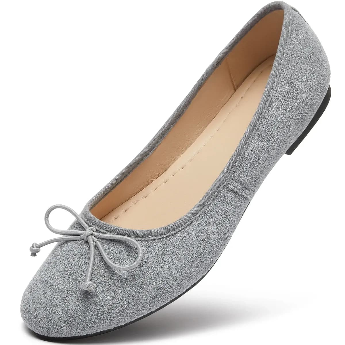 soft microsuede ballet flat in gray with tie bow and round toe