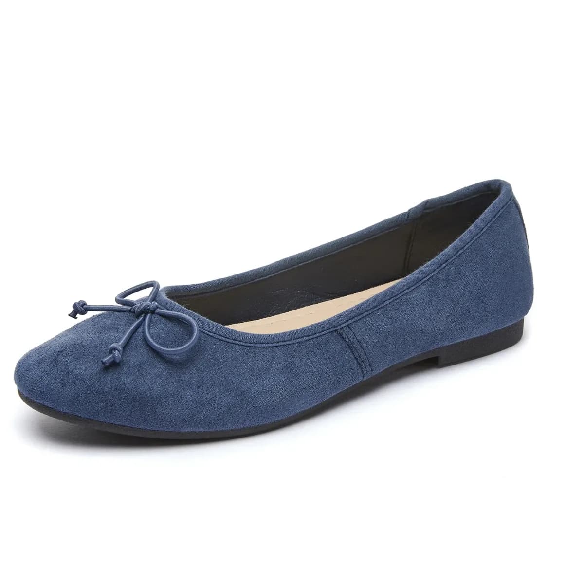 soft microsuede ballet flat in navy with tie bow and round toe
