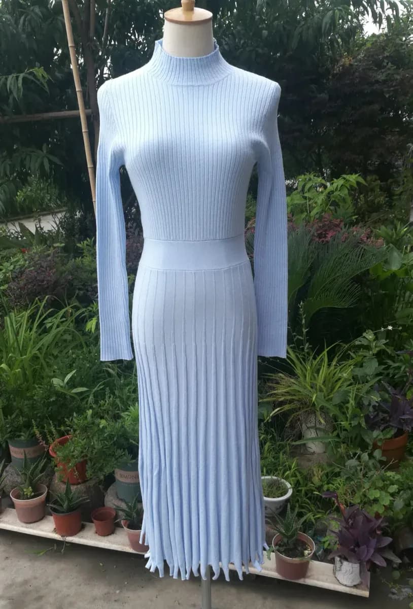 blue pleated rib knit maxi sweater dress