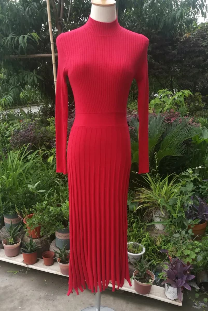red pleated rib knit maxi sweater dress