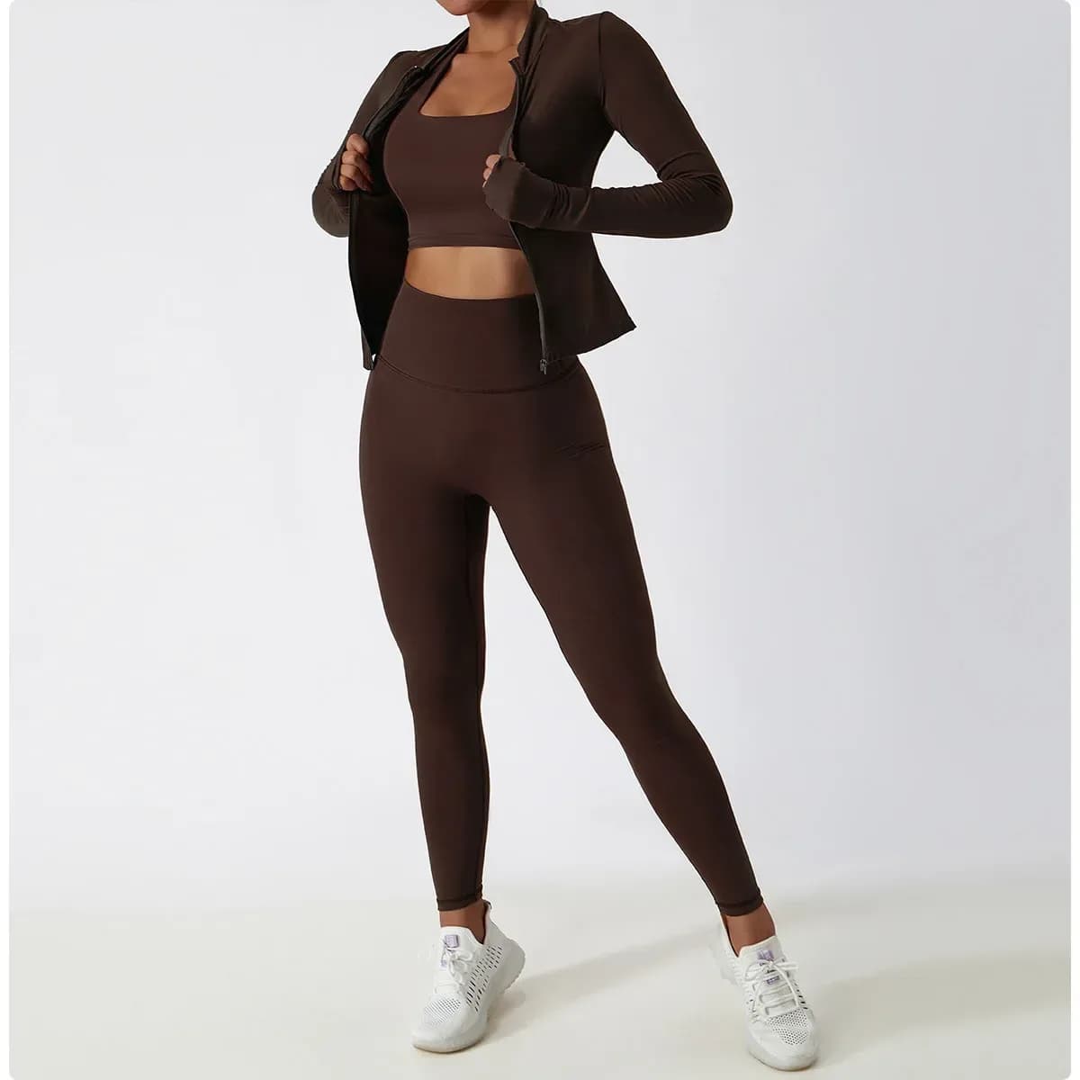 dark brown 3 piece activewear set with open zip jacket