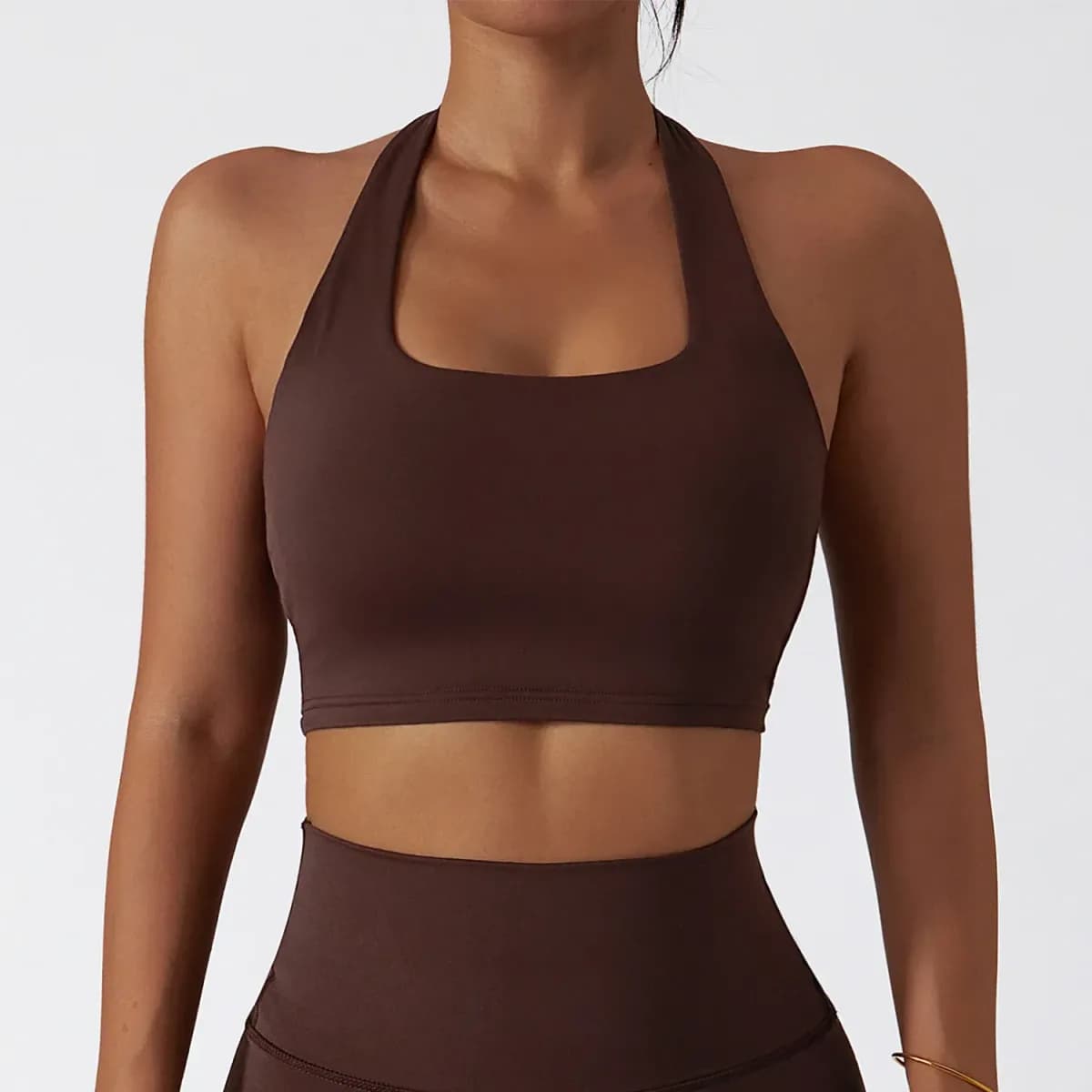 dark brown halter sports bra from the 3 piece activewear set