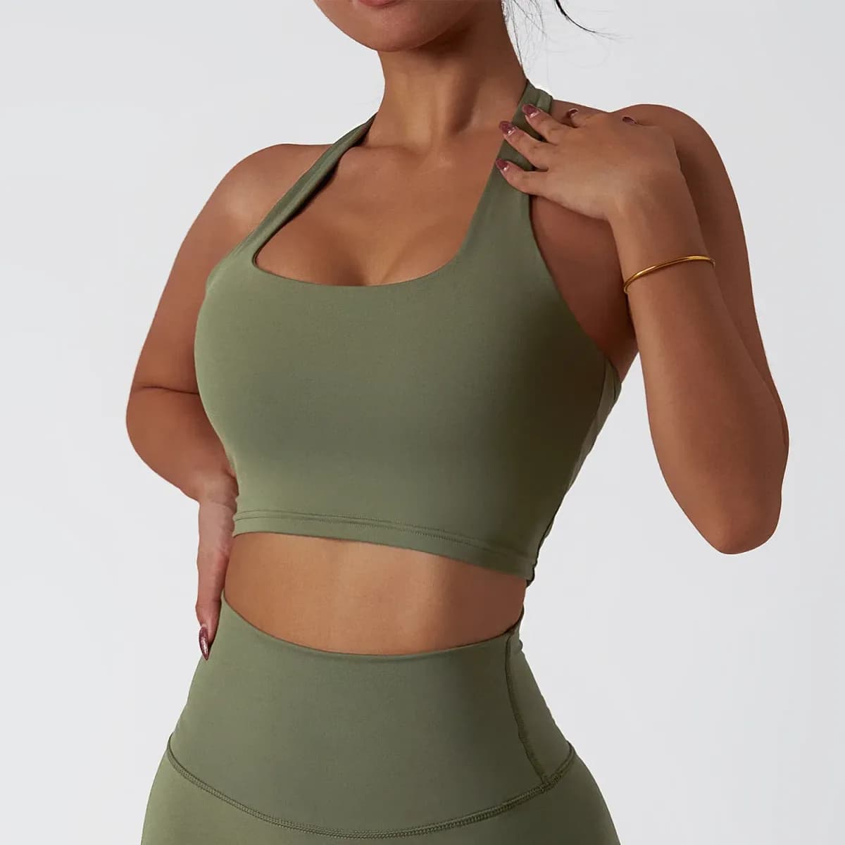 olive green halter sports bra from the 3 piece activewear set