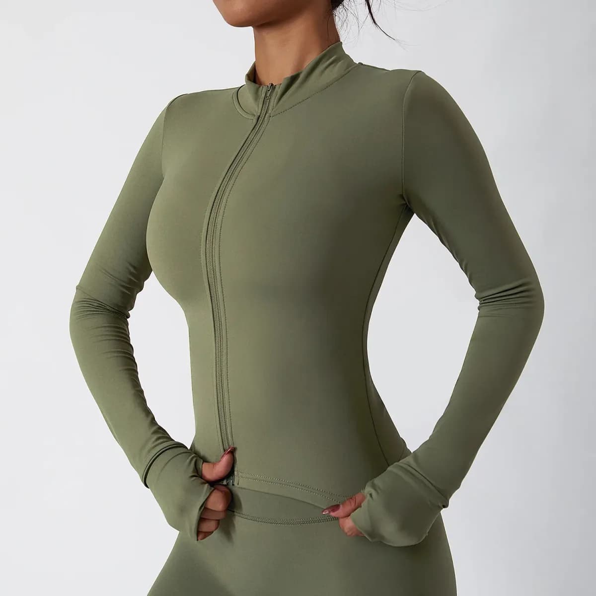 olive green zip-up workout jacket from the 3 piece activewear set