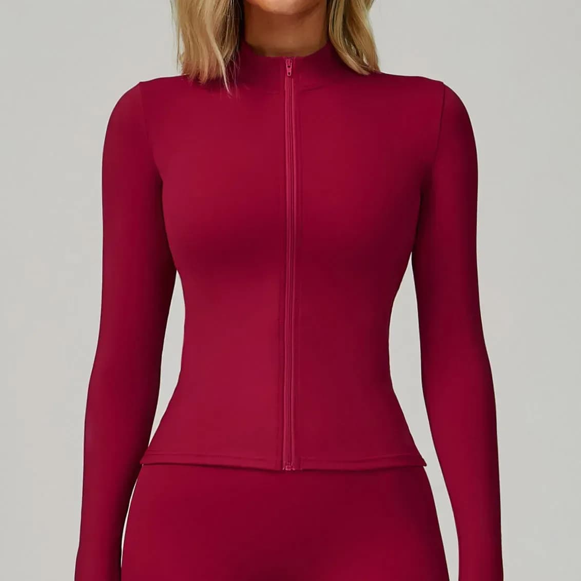 wine red zip-up workout jacket from the 3 piece activewear set