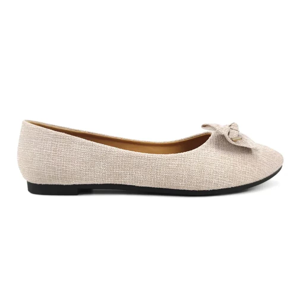 women's woven texture ballet flat in beige with bow, side view