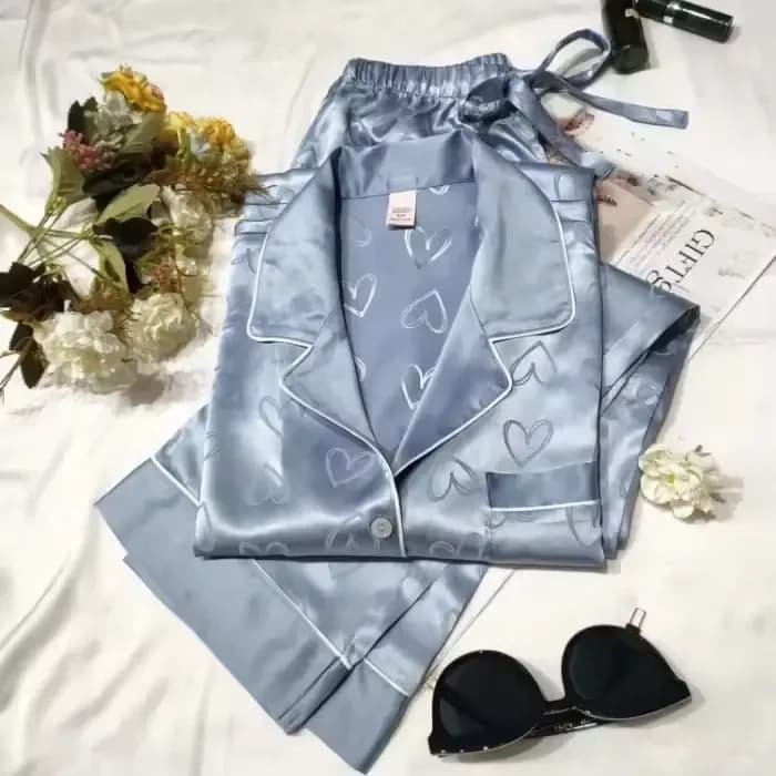 blue satin pajama set with tone on tone heart jacquard and white piping