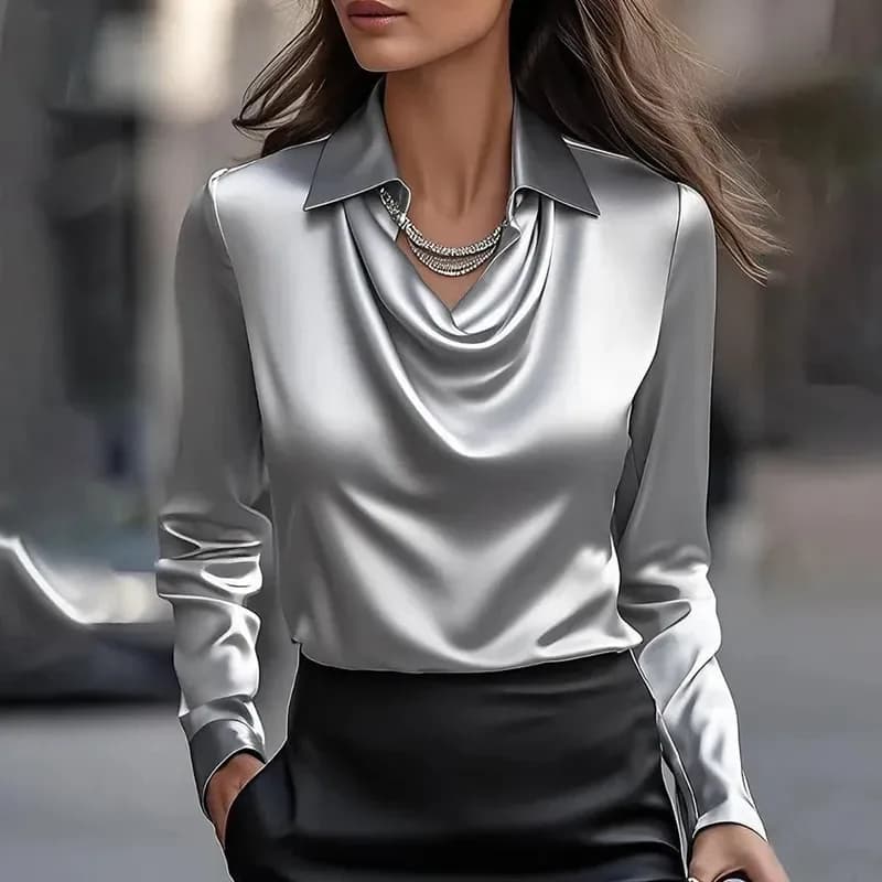 grey satin cowl neck blouse with pointed collar