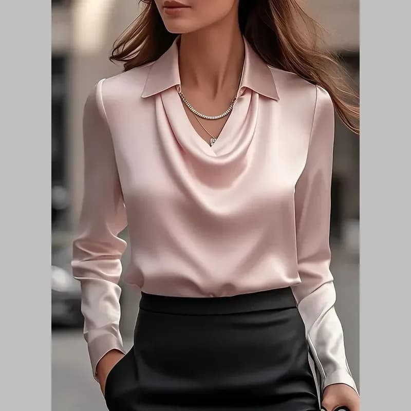 pink satin cowl neck blouse with pointed collar