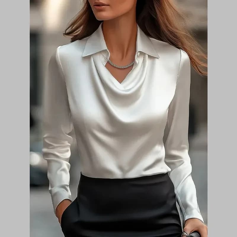 white satin cowl neck blouse with pointed collar