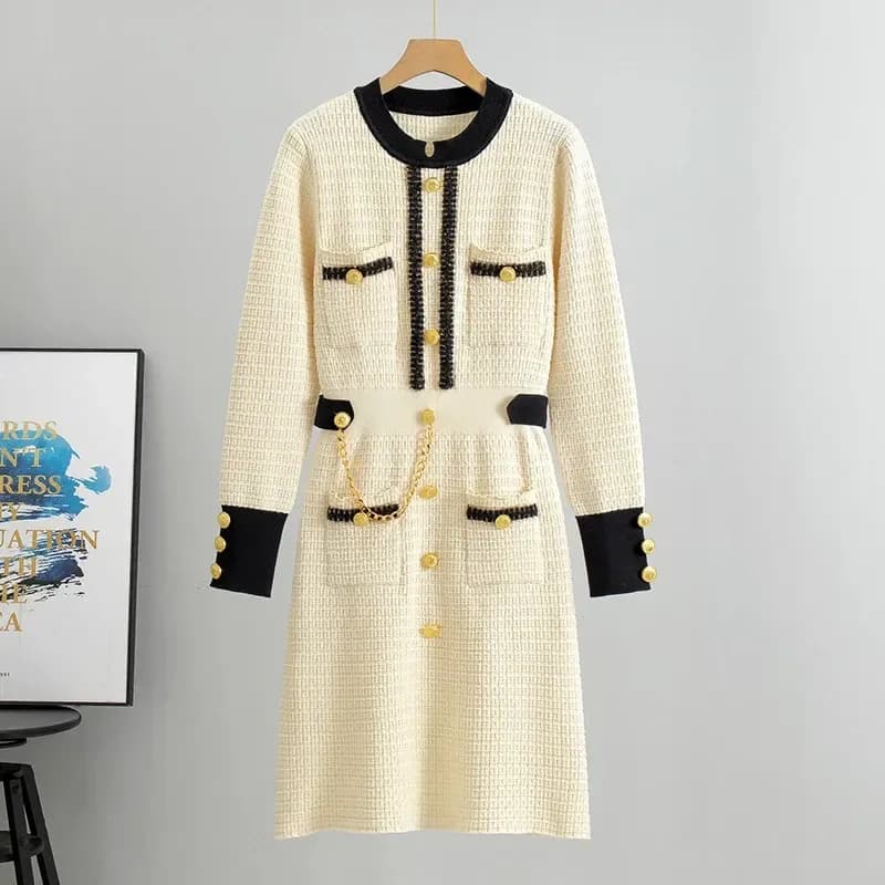 beige textured knit midi dress with black trim and gold buttons