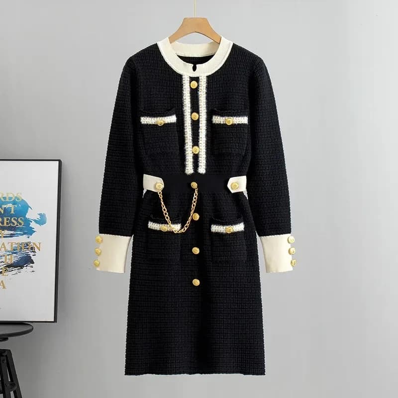 black textured knit midi dress with beige trim and gold buttons