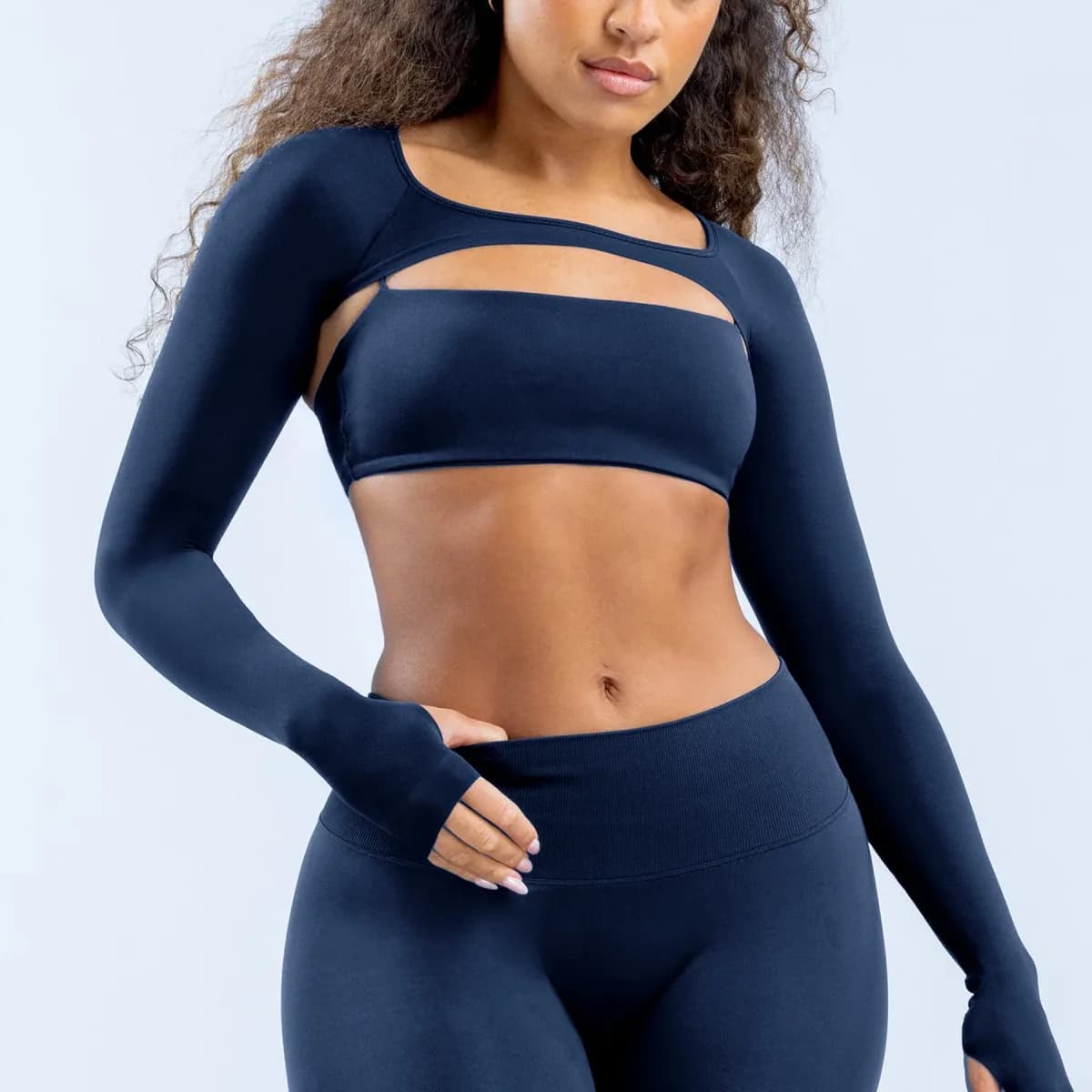 navy blue long sleeve shrug top from the seamless 4 piece activewear set
