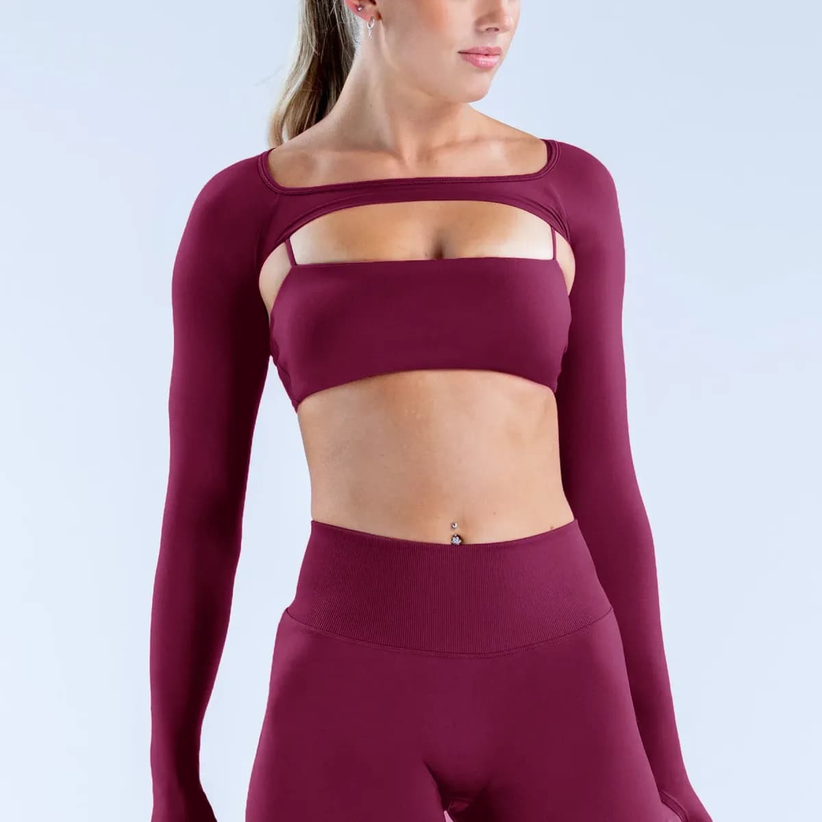 wine red long sleeve shrug top from the seamless 4 piece activewear set