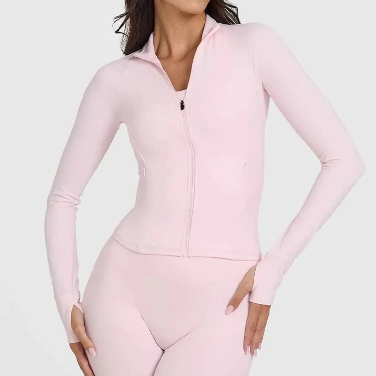 blush pink fitted zip jacket from the zip jacket and wide leg pants activewear set