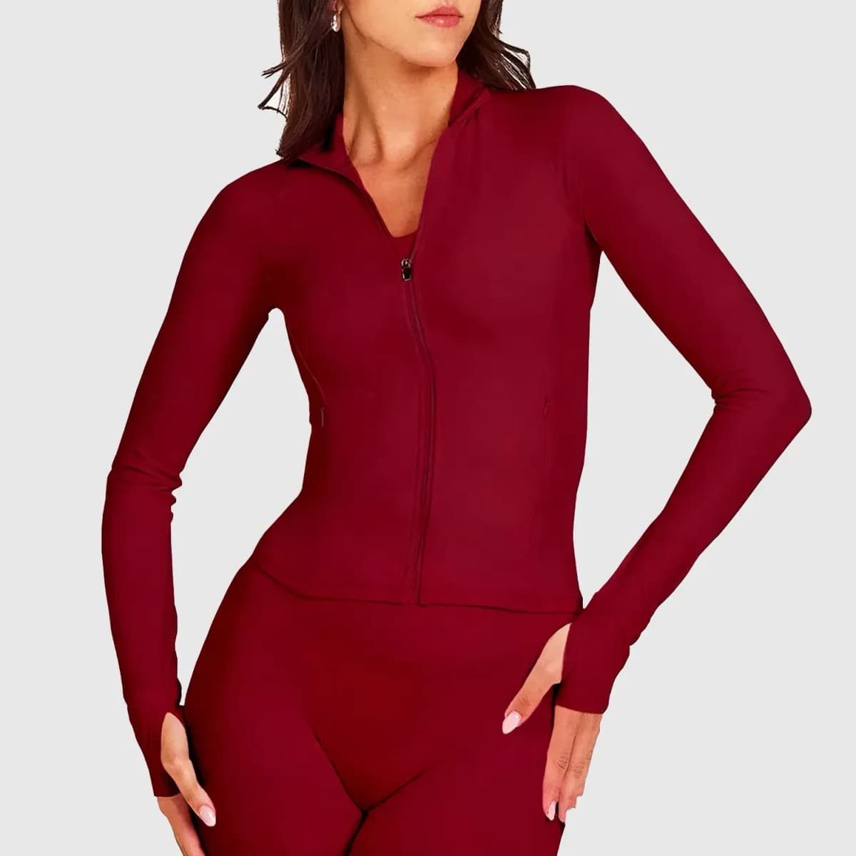 ruby red fitted zip jacket from the zip jacket and wide leg pants activewear set