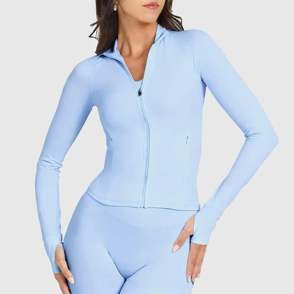 sky blue fitted zip jacket from the zip jacket and wide leg pants activewear set
