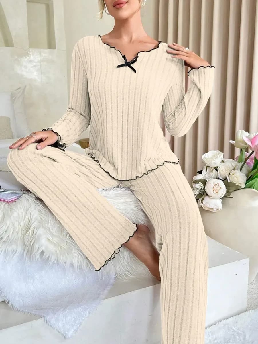 apricot ribbed loungewear set with long sleeve top and straight pants
