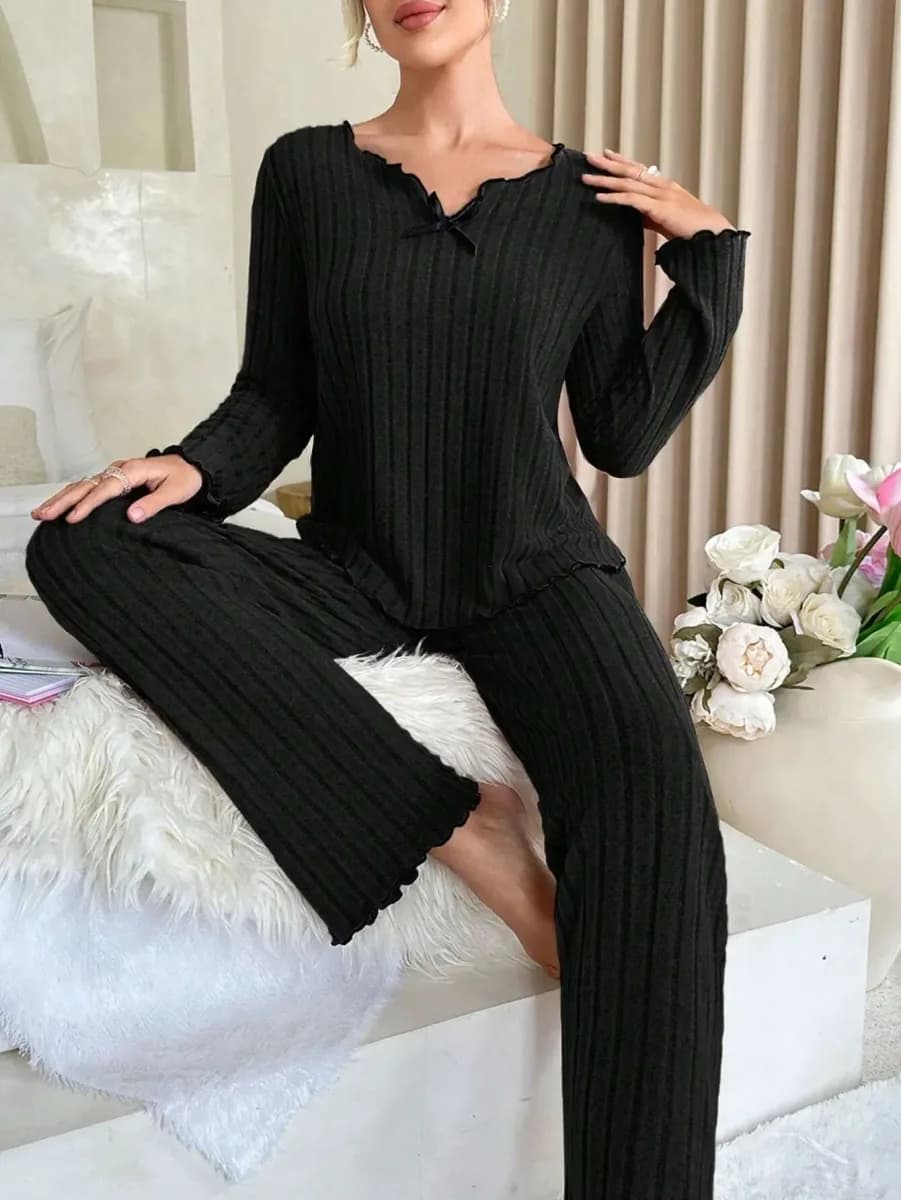 black ribbed loungewear set with long sleeve top and straight pants