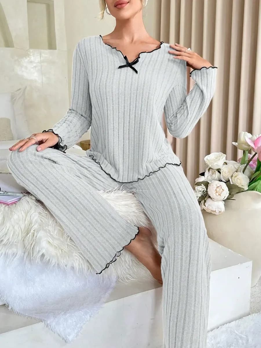 grey ribbed loungewear set with long sleeve top and straight pants