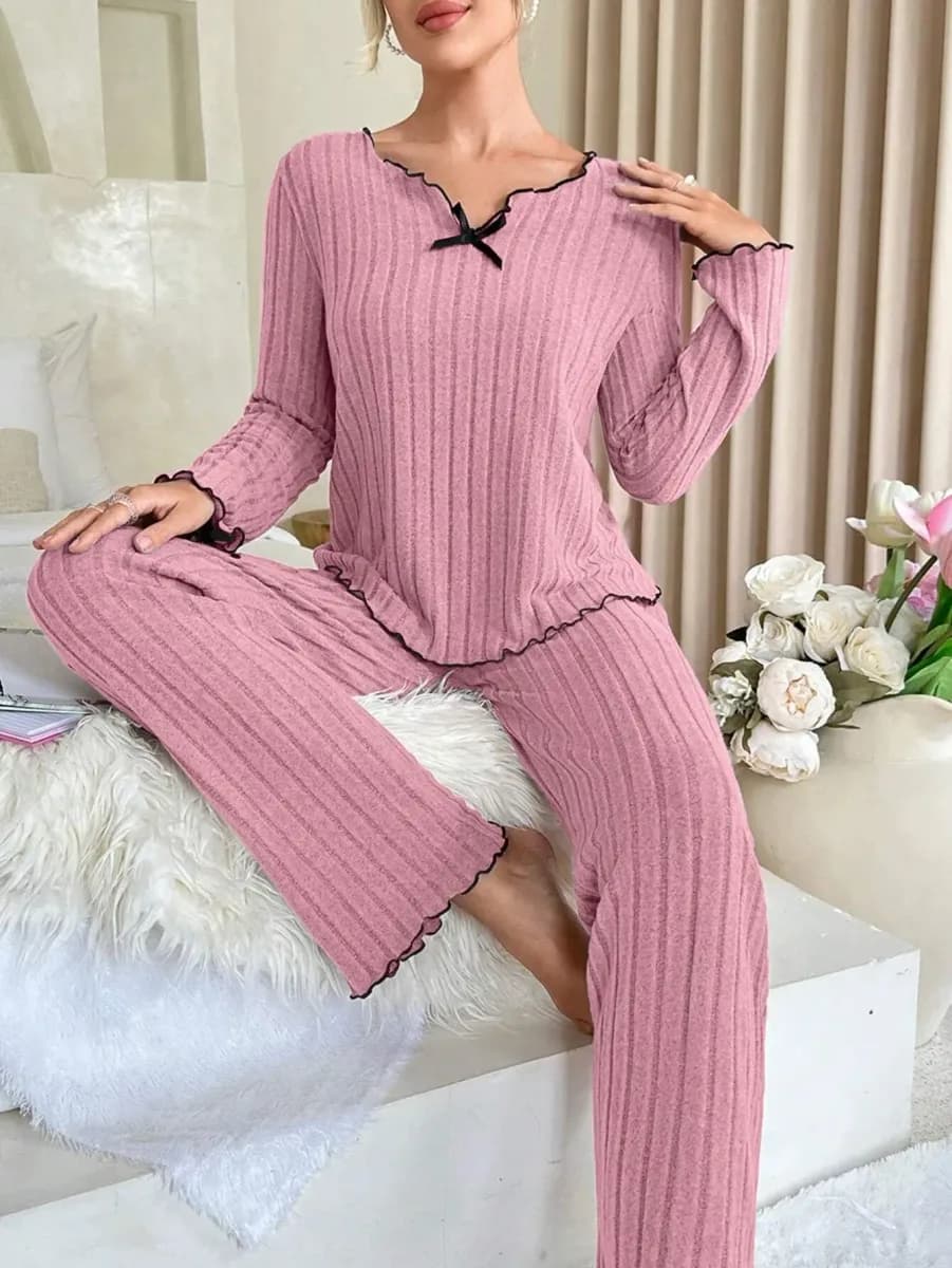 mauve pink ribbed loungewear set with long sleeve top and straight pants