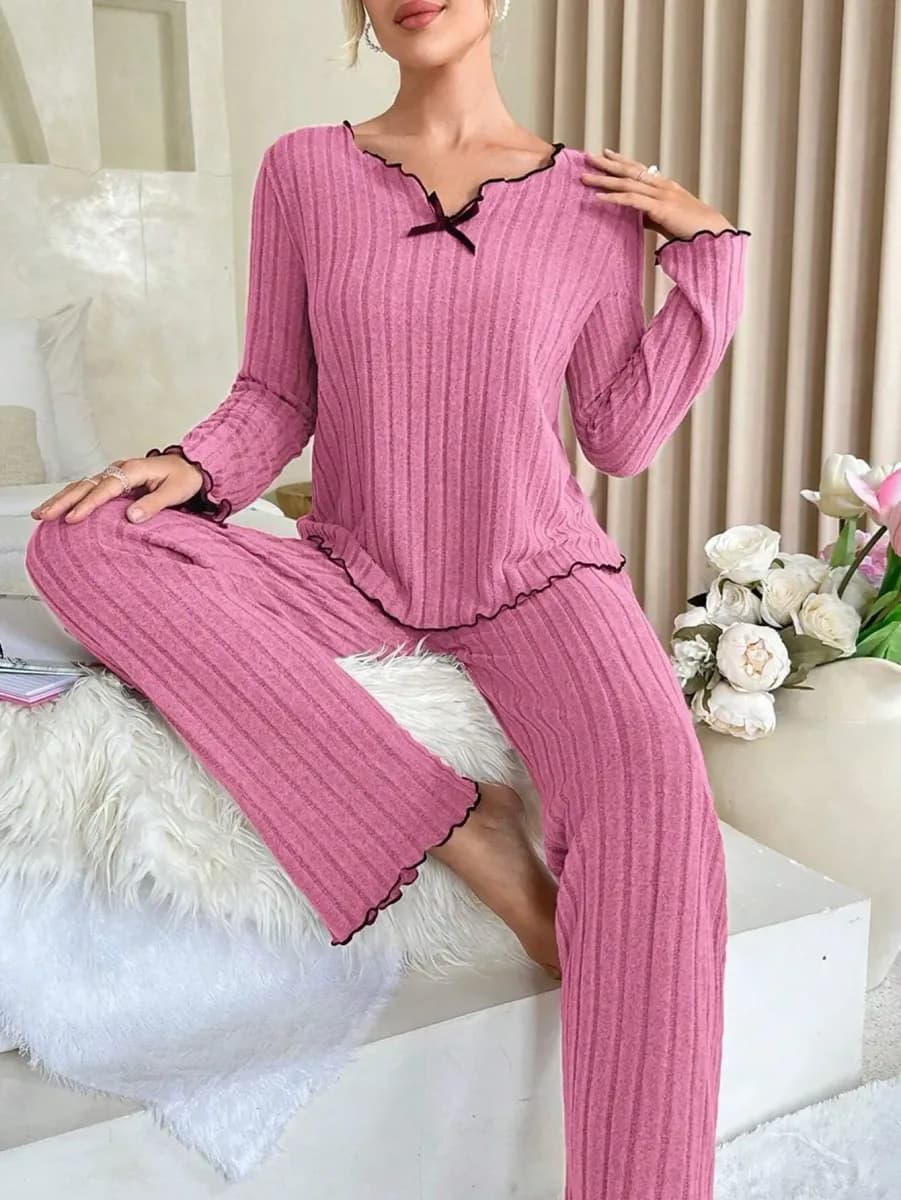 rose pink ribbed loungewear set with long sleeve top and straight pants