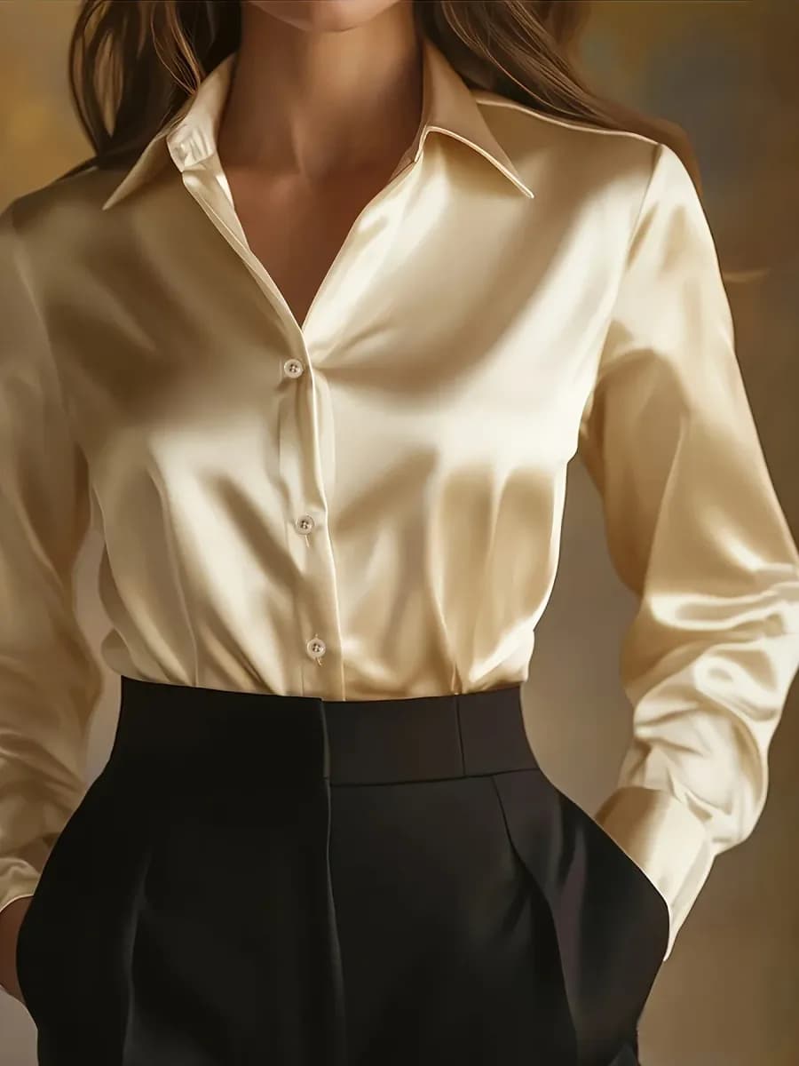 women's silky button-down office shirt in champagne with long sleeves