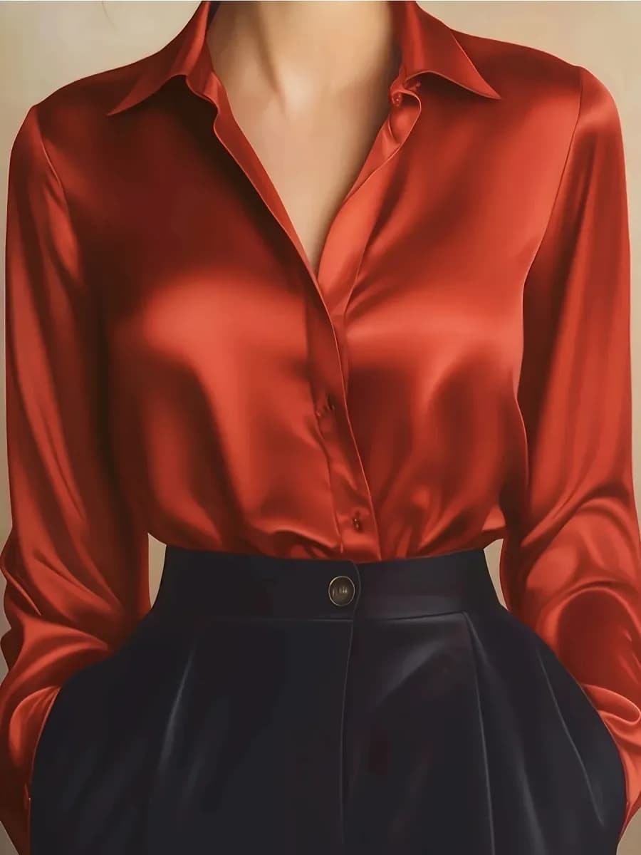 women's silky button-down office shirt in rust red with long sleeves