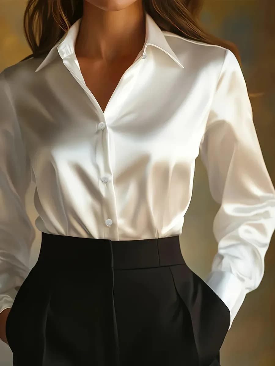 women's silky button-down office shirt in white with long sleeves