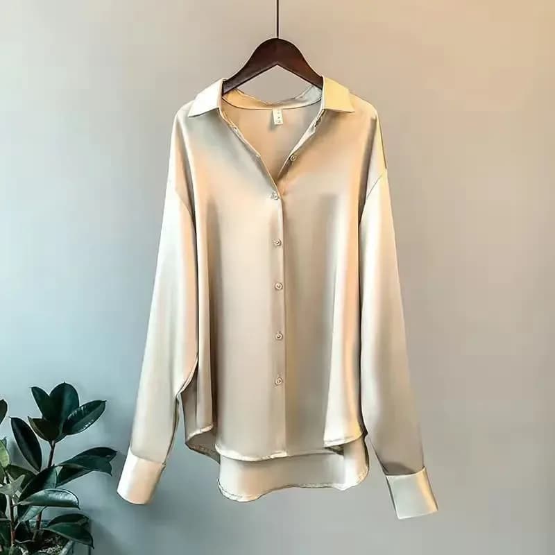 champagne oversized satin button down shirt