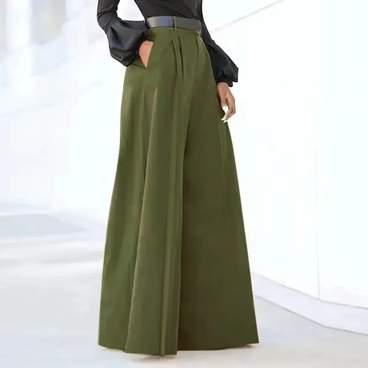 army green high waisted pleated wide leg pants