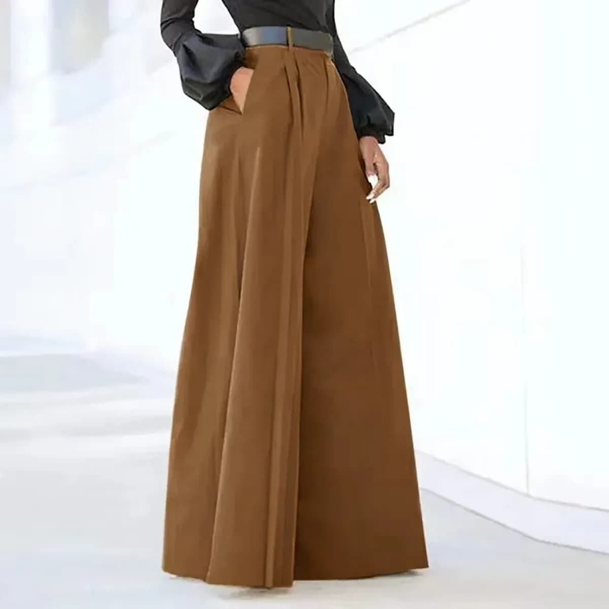 brown high waisted pleated wide leg pants