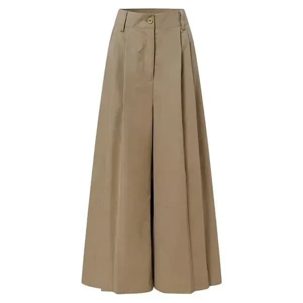 khaki pleated wide leg pants laid flat, front view