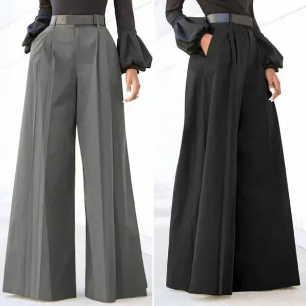 grey and black pleated wide leg pants side by side on models