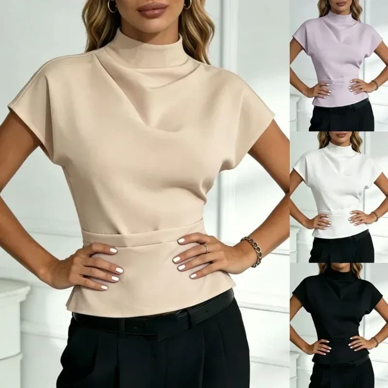 women's mock neck fitted waist blouse shown in several colors