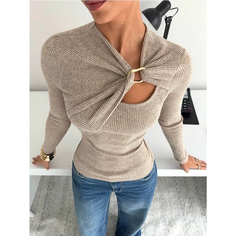 khaki long sleeve rib knit top with twist front and keyhole cutout
