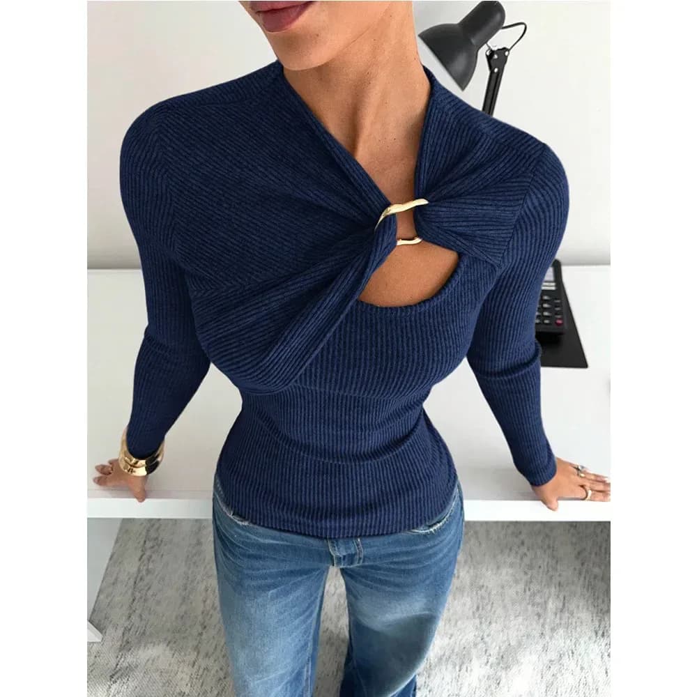 navy blue long sleeve rib knit top with twist front and gold ring