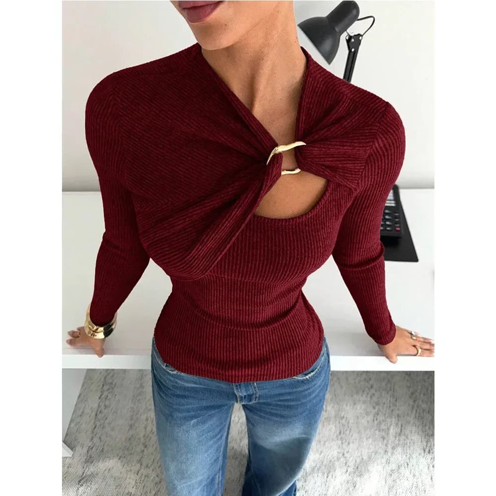 wine red long sleeve rib knit top with twist front and gold ring