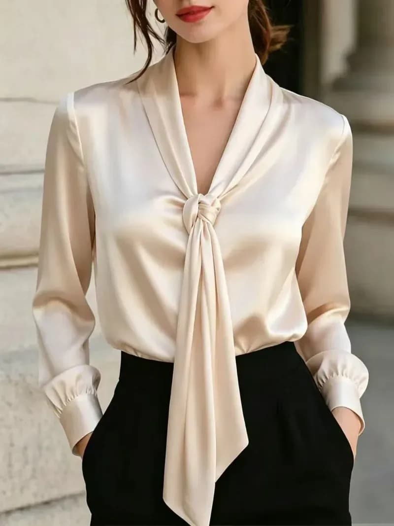 beige satin V neck blouse with long scarf tie